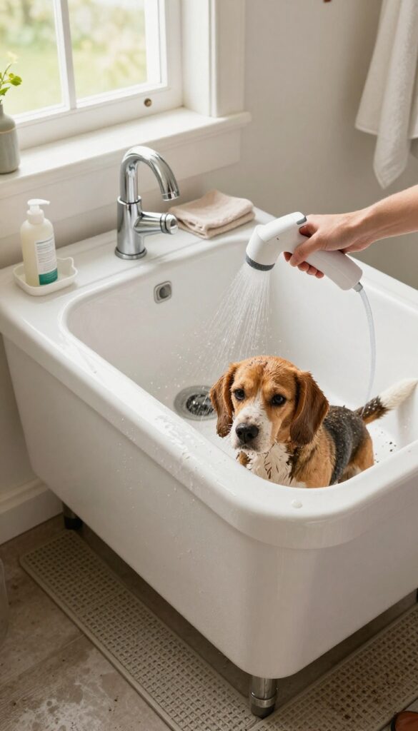 Utility sink dog wash station with handheld sprayer and rubber mat, Beagle standing inside