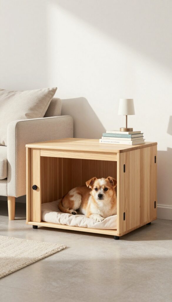 Stylish dog crate as a side table in a cozy living room corner