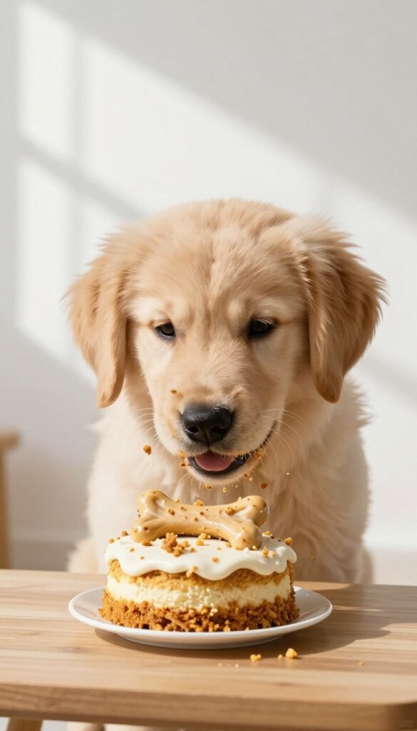 Golden retriever puppy enjoying a dog-friendly cake smash with messy face and joyful expression