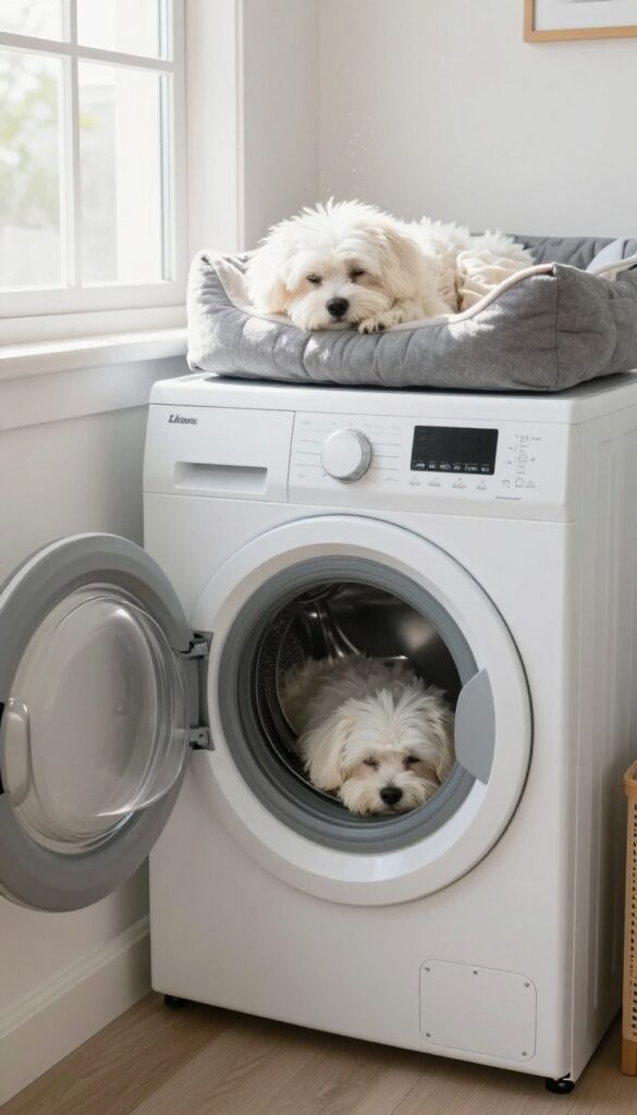 Small dog sleeping on a dog bed tucked between washer and dryer in a bright laundry room