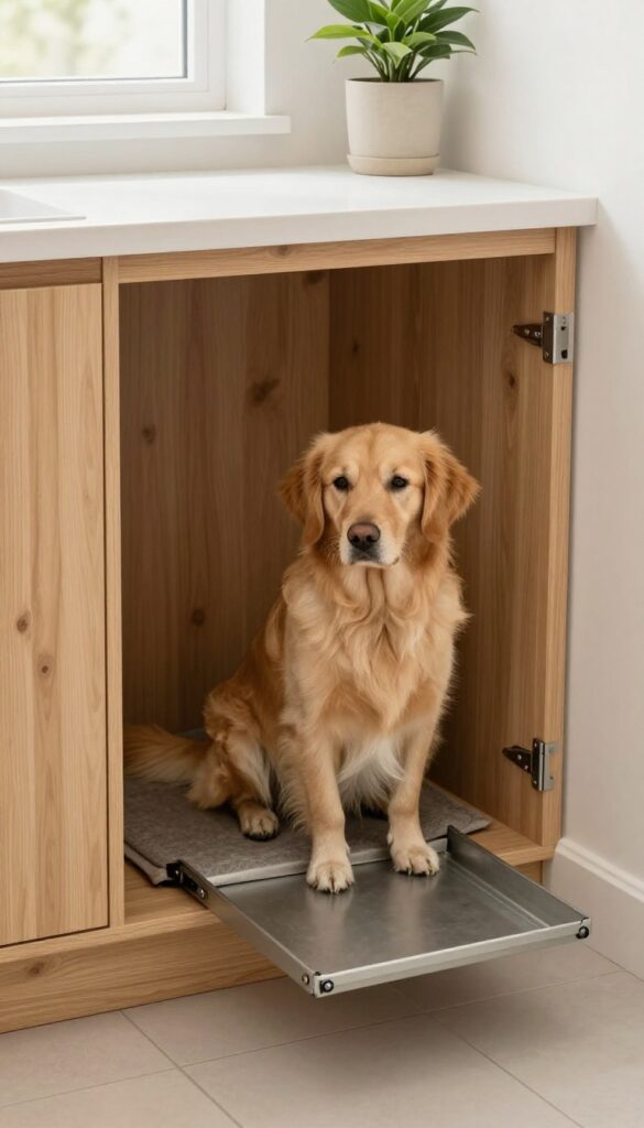 Built-in dog crate nook under counter in utility room with dog inside, photorealistic bright natural light.