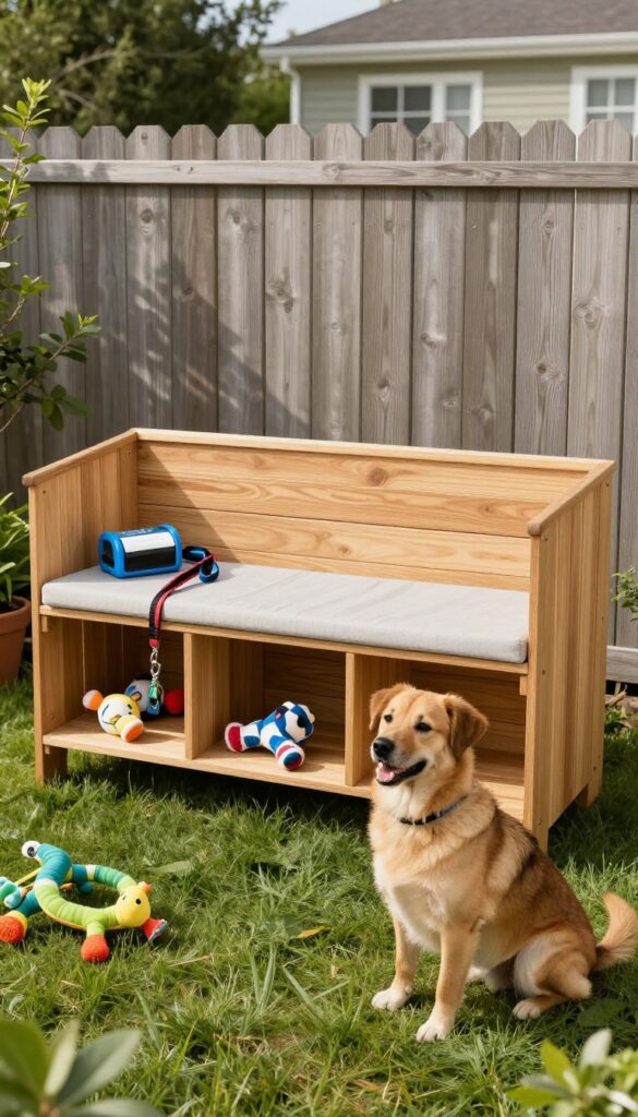 Dog run with storage bench for toys and gear