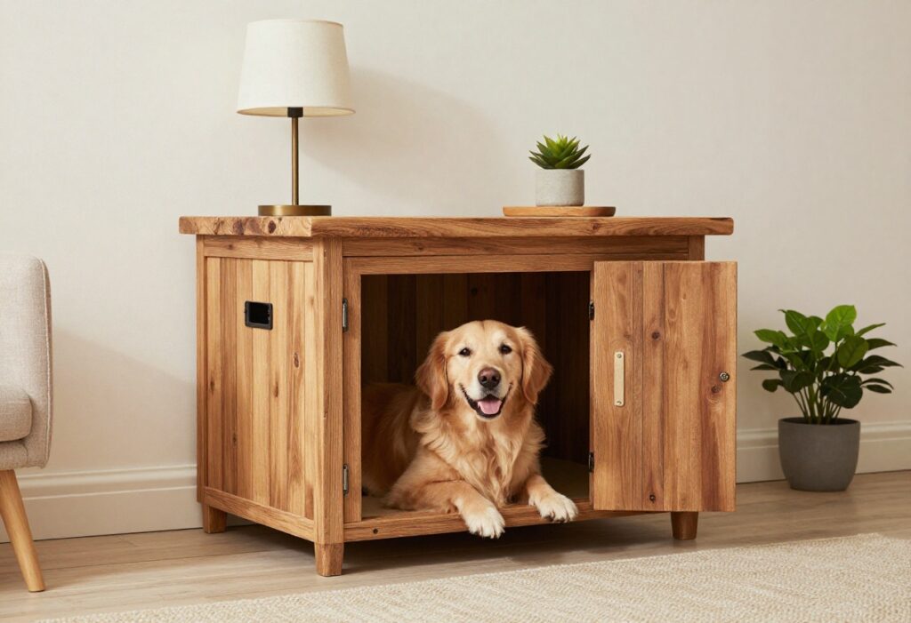Dog crate with table top and lamp, golden retriever inside