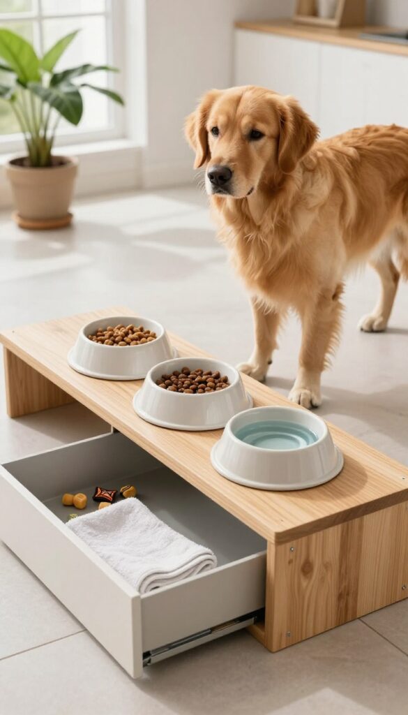 Elevated feeding station with built-in storage for bowls and treats, featuring a Golden Retriever in a sunlit room.