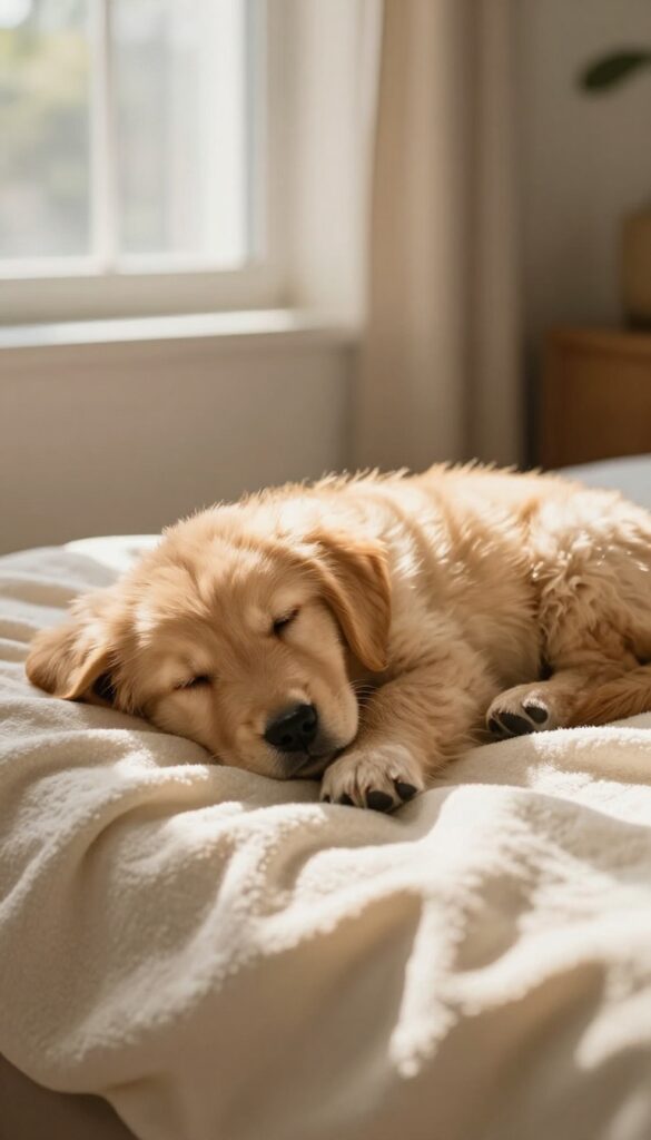 Golden retriever puppy sleeping on a blanket in warm sunlight