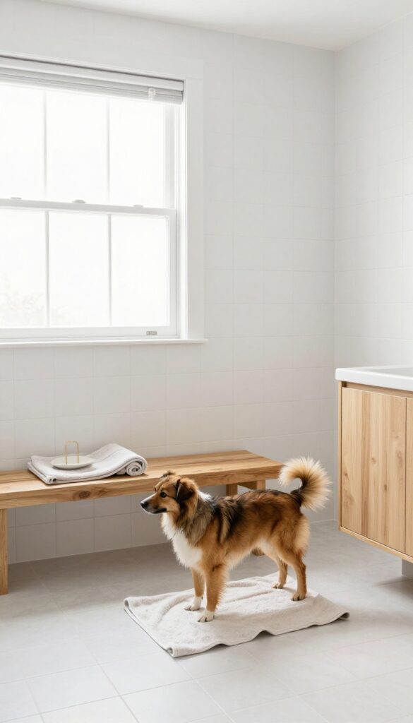 Dog in laundry room with tile wainscoting after bath