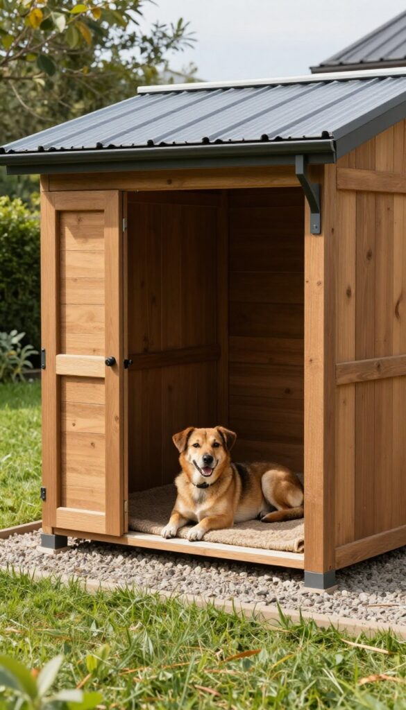 Lean-to dog kennel attached to house with polycarbonate roof and dog resting on raised bed