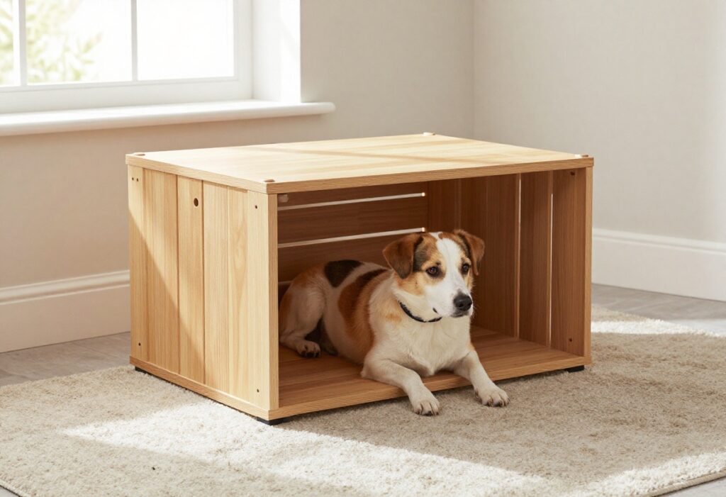 DIY dog kennel end table with a dog peeking out