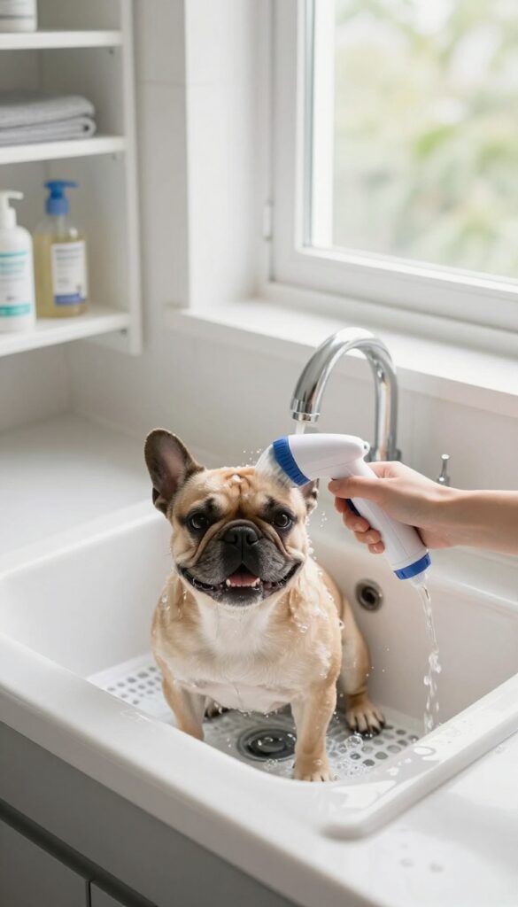French Bulldog being bathed in a deep utility sink with a handheld spray nozzle, bright laundry room setting