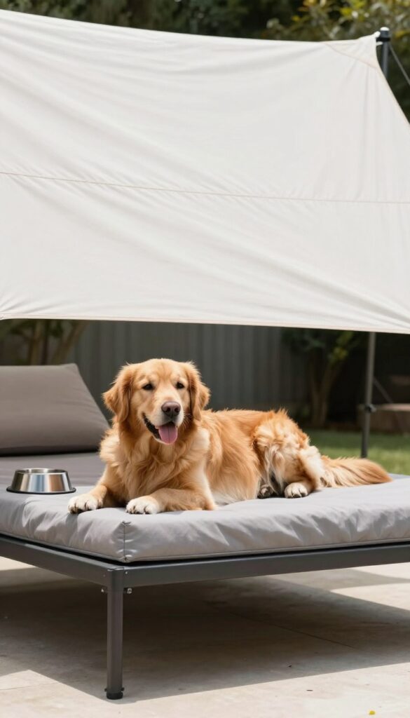 Golden retriever resting on an elevated cot bed under a white shade sail in a sunny backyard, with water bowl nearby.
