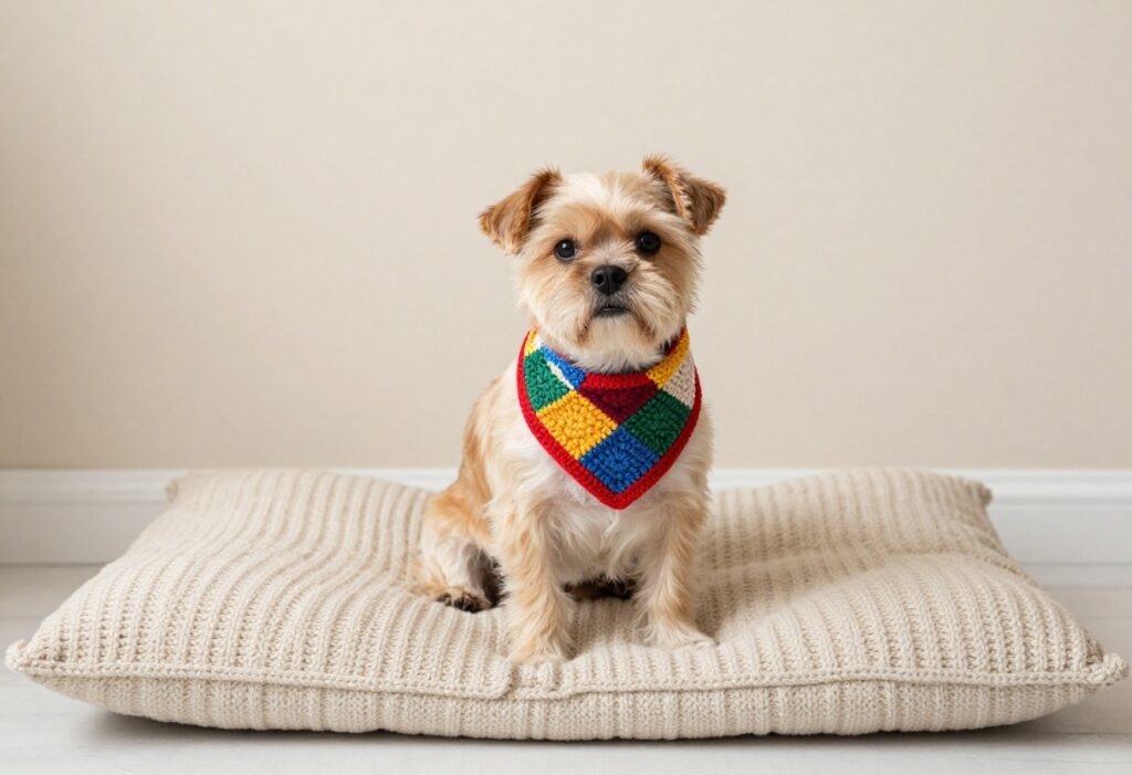 Small dog wearing crochet sweater and bandana on crochet bed