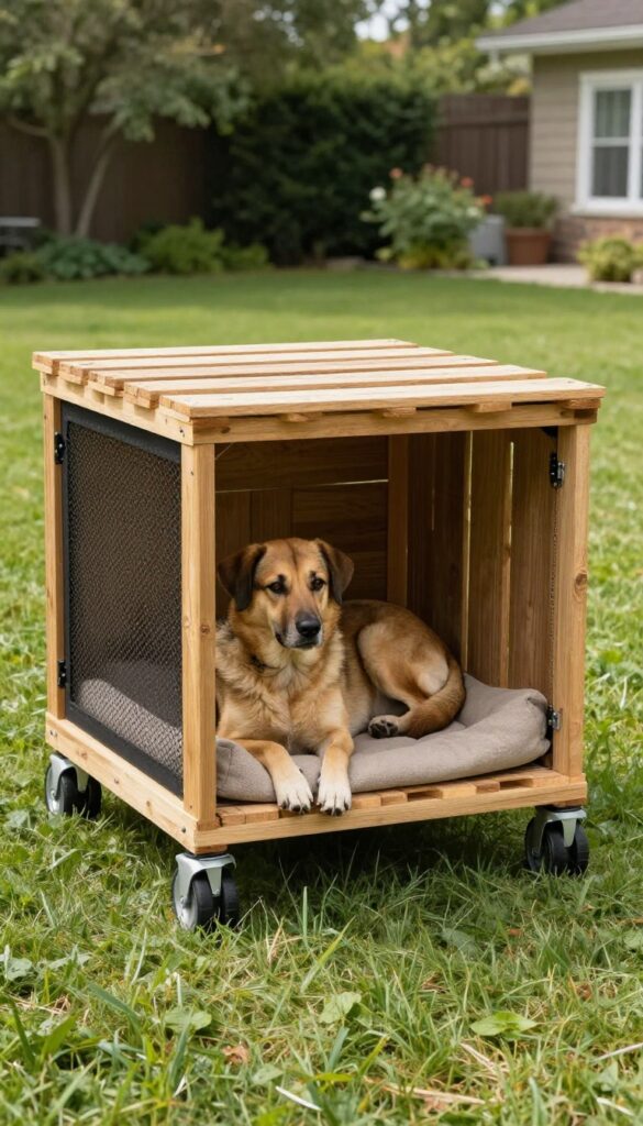 Portable wooden pallet dog kennel on wheels in a sunny backyard