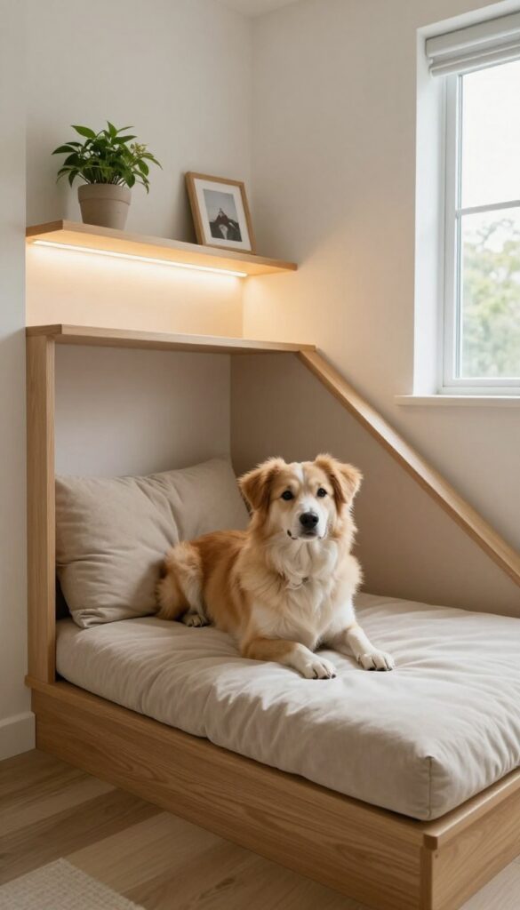 Cozy built-in dog nook under stairs with plush bed, shelf with plant and photo, warm lighting.