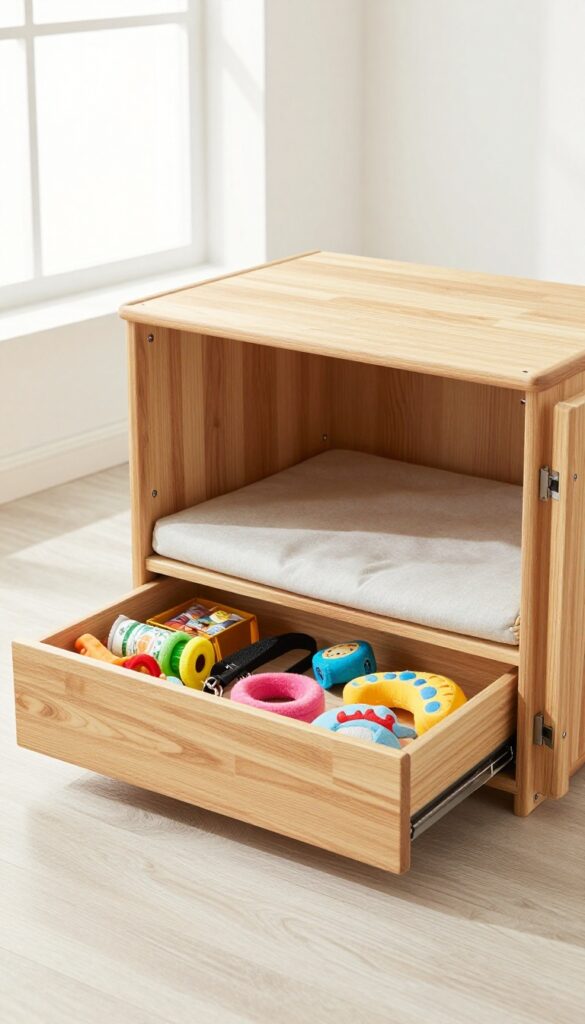 Wooden dog crate with pull-out drawer for storage, organized dog toys and leashes inside drawer, bright natural light, modern living room setting.