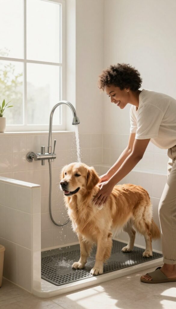 A dog owner washing a golden retriever in a built-in mudroom dog wash station with warm water and non-slip flooring.