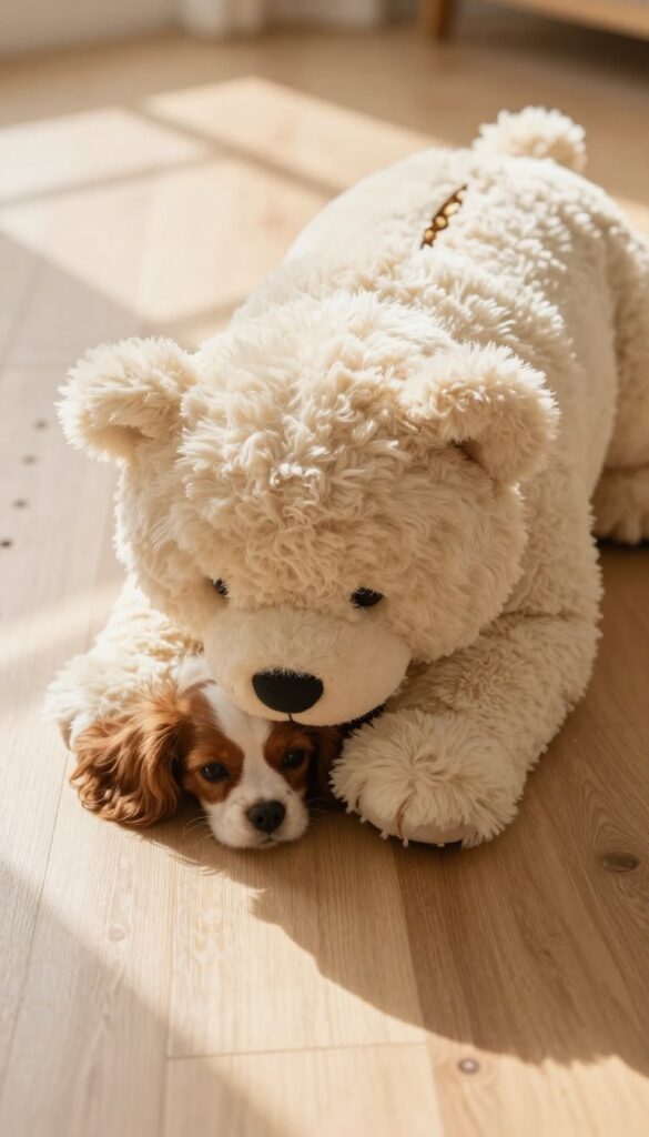 A dog nuzzling a treat-dispensing plush toy with kibble visible inside