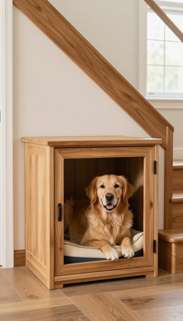 Custom dog crate built under stairs with matching trim, cozy bed, and a golden retriever resting inside.