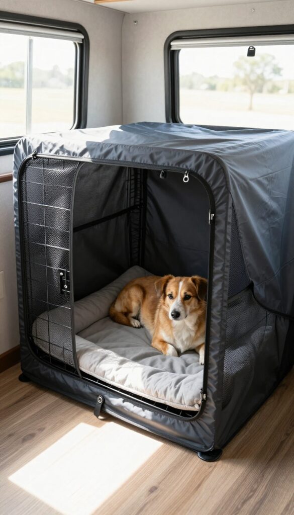 Portable wire dog crate with breathable cover in a small RV, natural light, dog resting inside.
