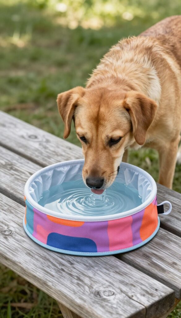 Dog drinking from a DIY portable fabric water bowl with absorbent liner, outdoors on a picnic table.
