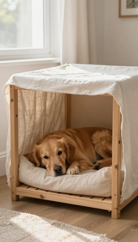 Cozy dog crate nook with a white canopy in a bright living room corner, featuring a relaxed golden retriever inside.