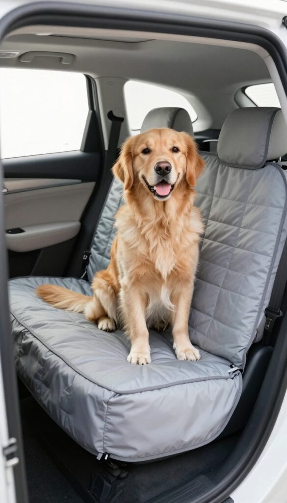 Golden retriever sitting on a waterproof car seat cover in a clean car interior