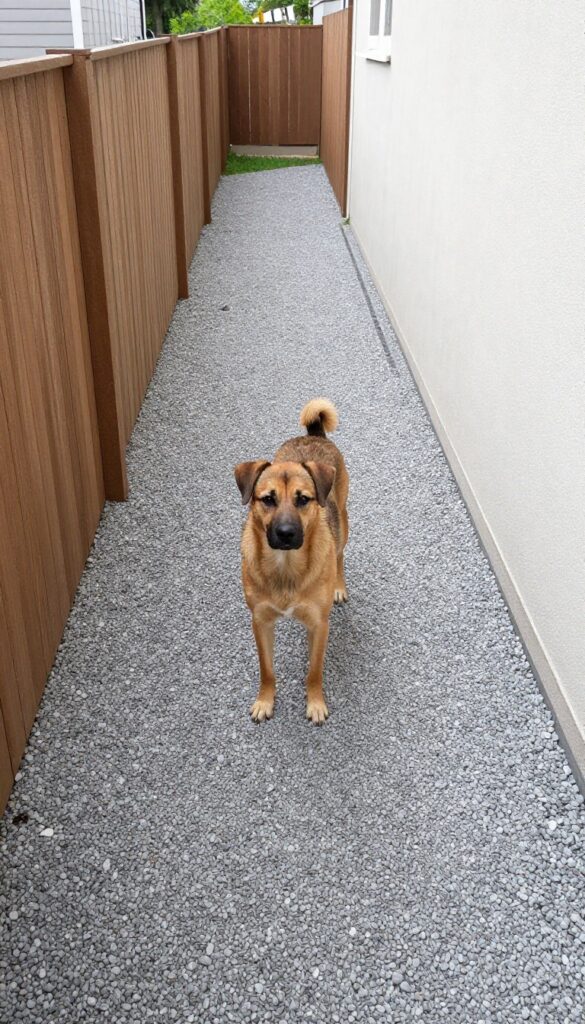 Dog standing on gravel dog run in narrow side yard with drainage