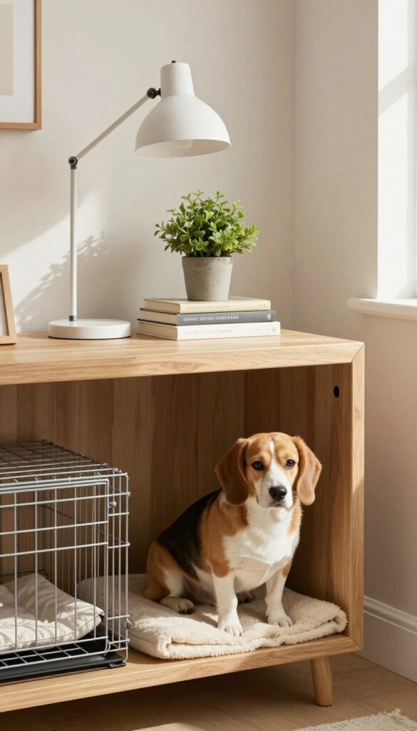 A stylish living room with a repurposed console table featuring a dog crate tucked underneath, blending seamlessly with the decor.