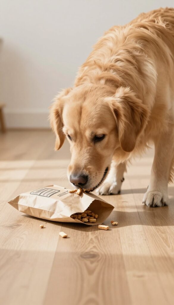 Golden retriever playing with a paper bag surprise on a wooden floor