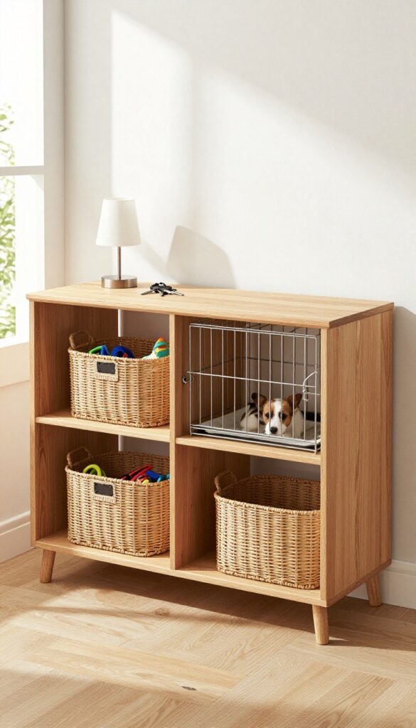 Faux console table with dog crate in the center, baskets on sides, lamp and keys on top, small dog inside crate, bright natural light entryway scene.