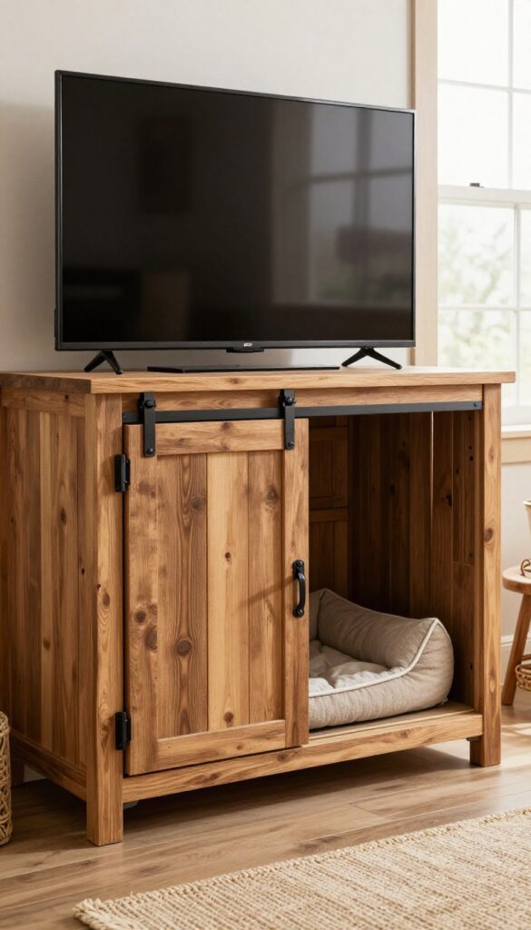 Dog crate TV stand with sliding barn door front in a farmhouse living room.