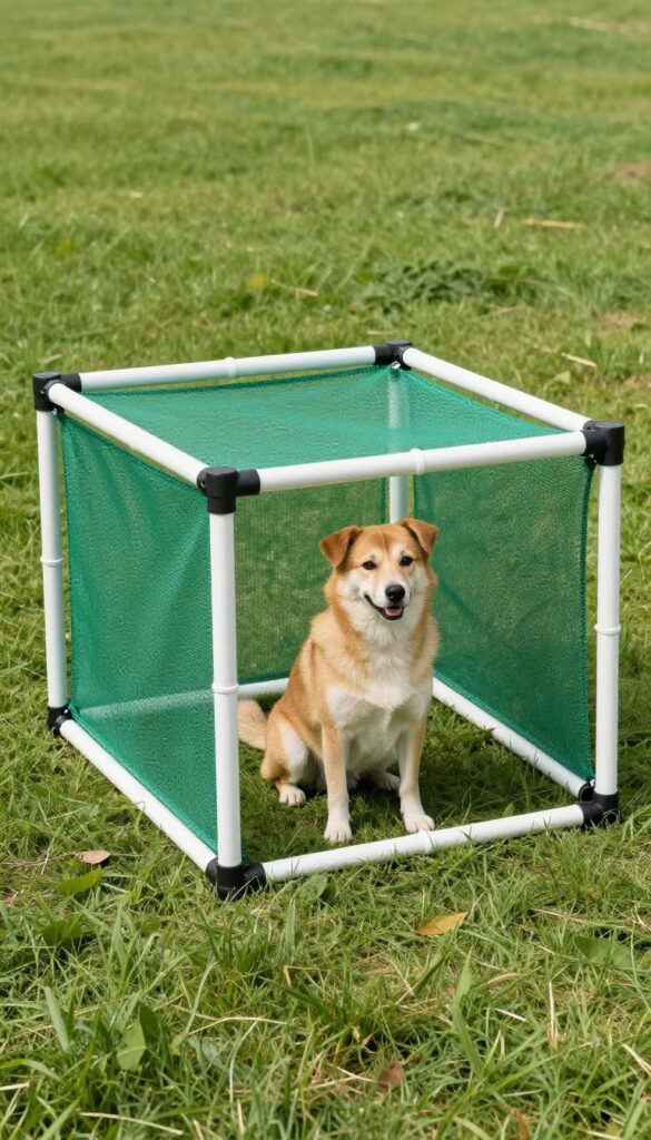 PVC pipe and netting dog run in a sunny backyard