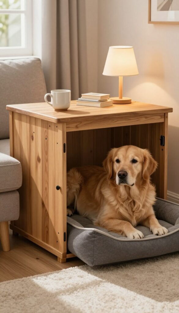 Wooden dog crate used as an end table with lamp, books, and coffee mug, dog resting inside, cozy living room setting