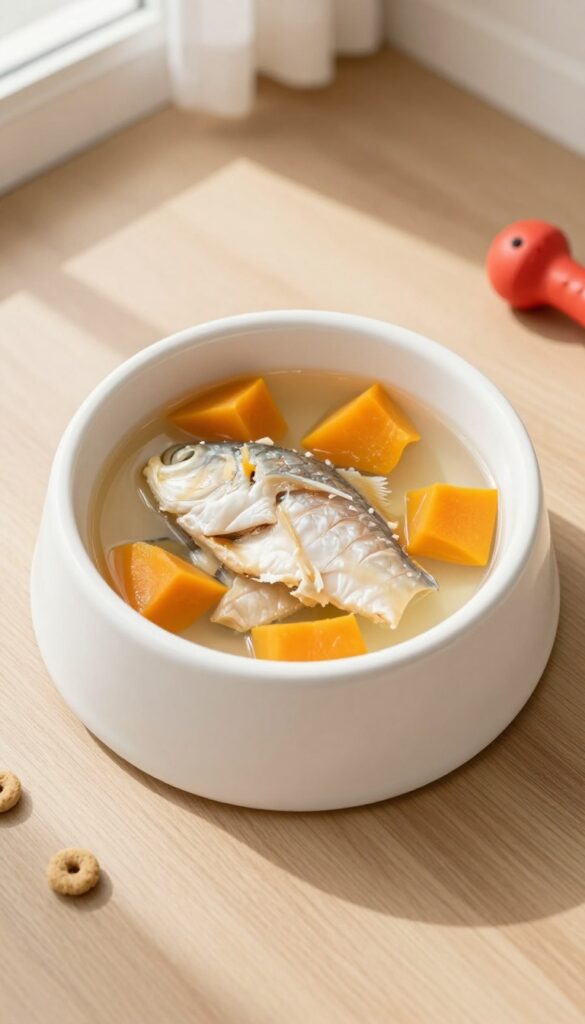 Homemade fish and pumpkin dog meal in a bowl on a kitchen floor, natural lighting.