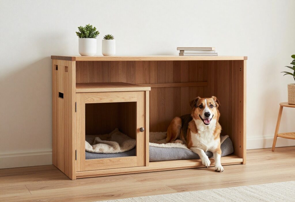 DIY dog crate styled as a console table with a dog peeking out