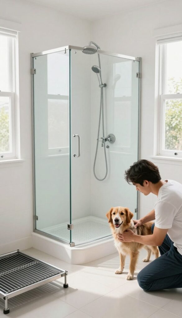Dog standing in a glass-enclosed shower pan in a laundry room, with a person kneeling beside it.