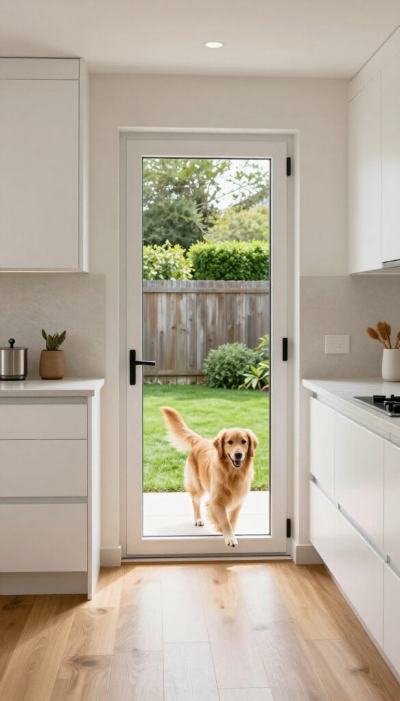 Golden retriever using dog door to access sunny backyard from modern kitchen