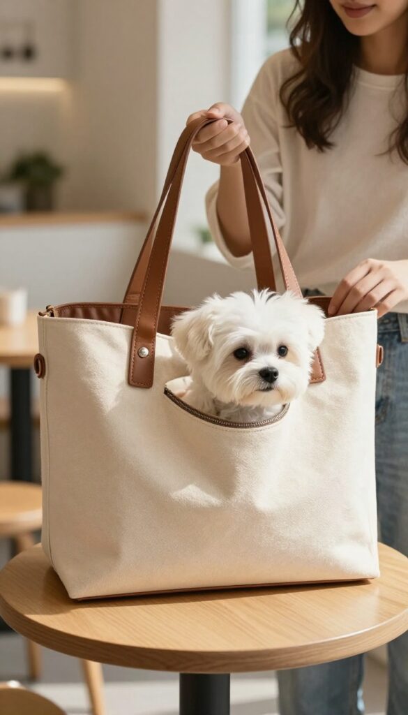Dog mom tote bag with built-in pet bed featuring a small dog peeking out, on a café table