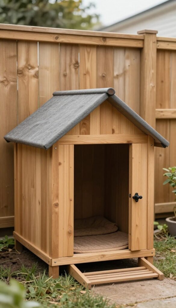 Doghouse attached to fence line in small yard, photorealistic, bright natural light