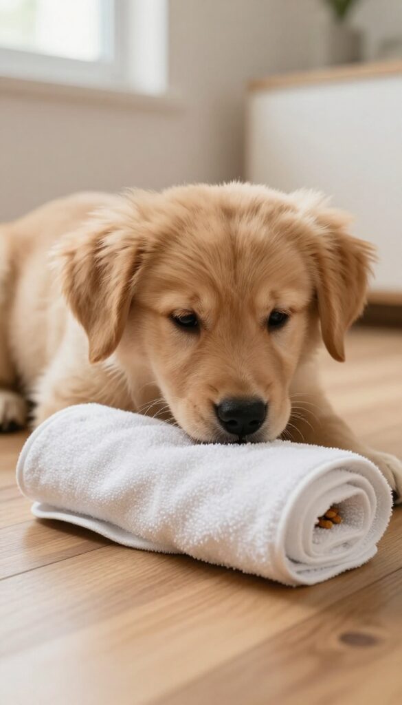 Puppy sniffing treats in a rolled towel for scent work game
