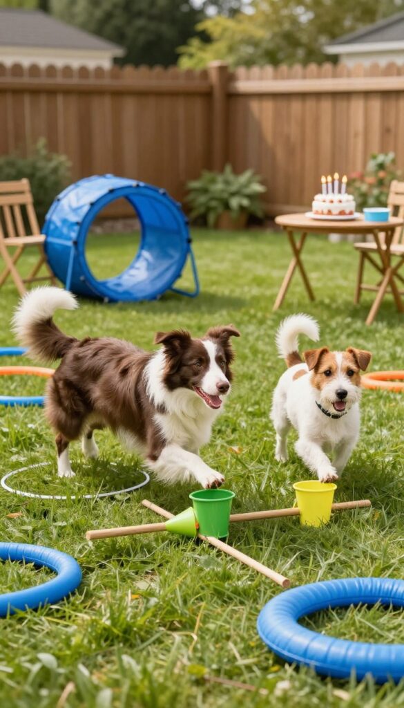 Two dogs playing on a DIY agility course in a backyard, with a jump and a tunnel, sunny day.