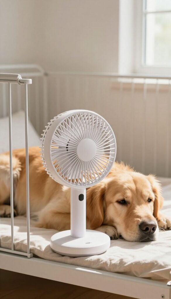 Dog crate with a clip-on fan attached for ventilation, a golden retriever resting inside
