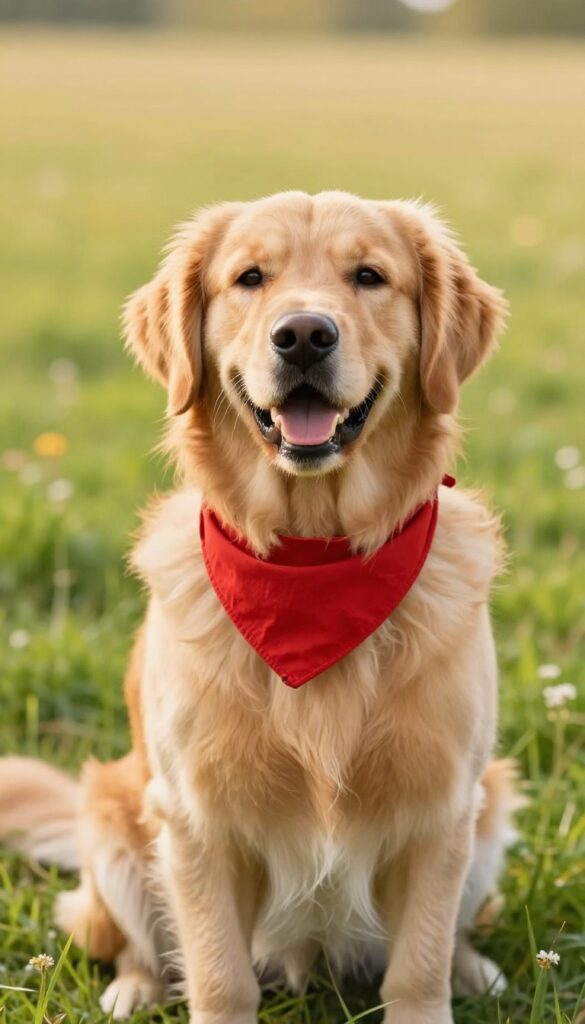 Golden Retriever wearing a red bandana in a sunny field