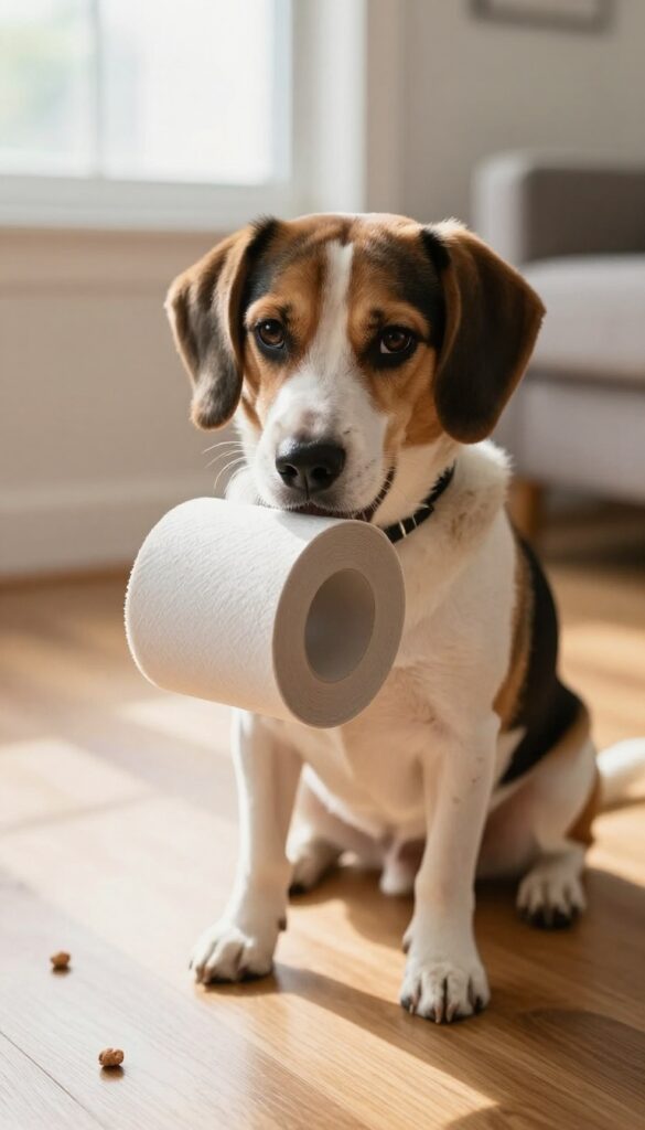 Dog holding a toilet paper roll puzzle with treats nearby