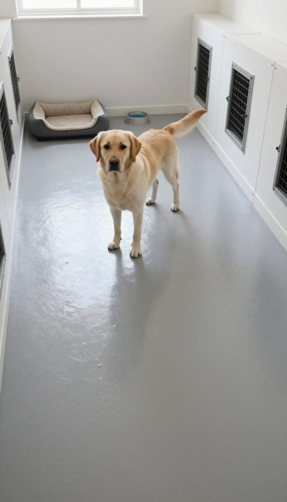 Dog standing on glossy epoxy concrete floor in bright indoor kennel