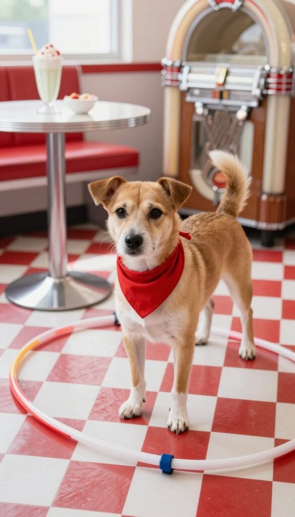 Dog wearing a bandana at a retro 50s diner party with checkered tablecloth, milkshake, and hula hoop obstacle