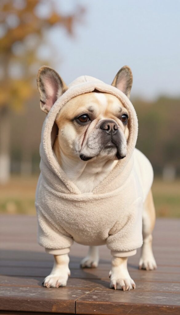 Small dog wearing a cozy hooded sweater in autumn sunlight