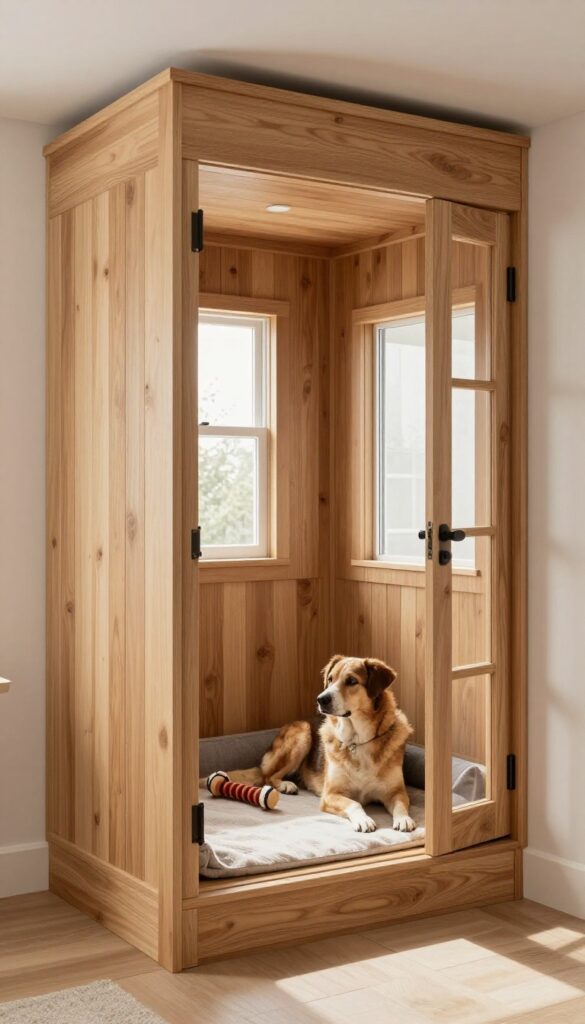 Built-in dog crate under stairs in modern home, seamless design with matching door, dog resting inside.
