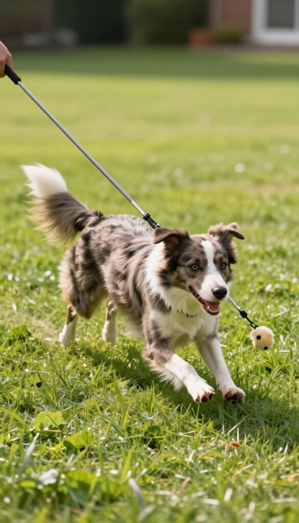 Dog chasing a flirt pole toy in a backyard, with a person holding the pole, bright natural light, photorealistic style.