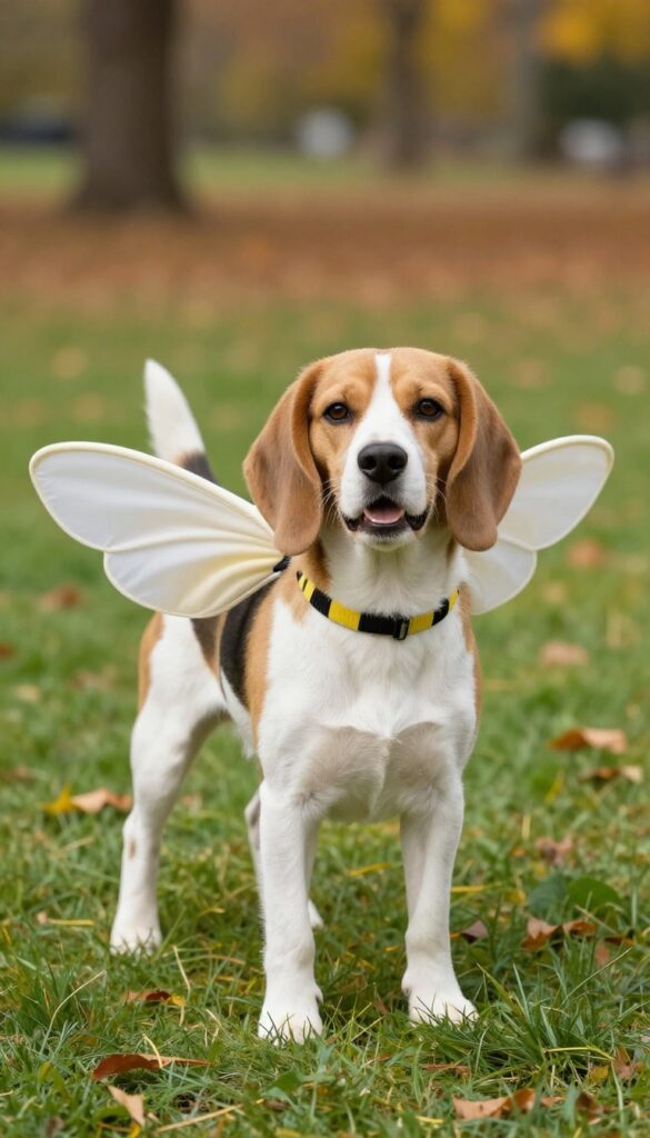Medium-sized Beagle wearing bumblebee wings in a sunny park