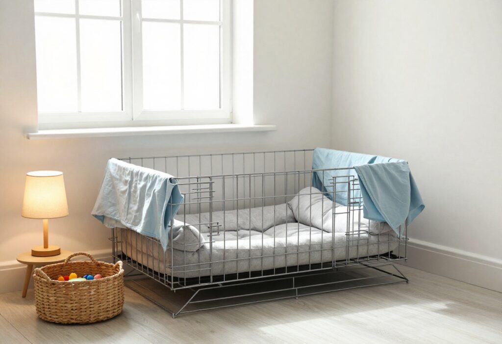 Cozy dog crate bedroom setup with soft bedding and warm lighting in a living room corner.